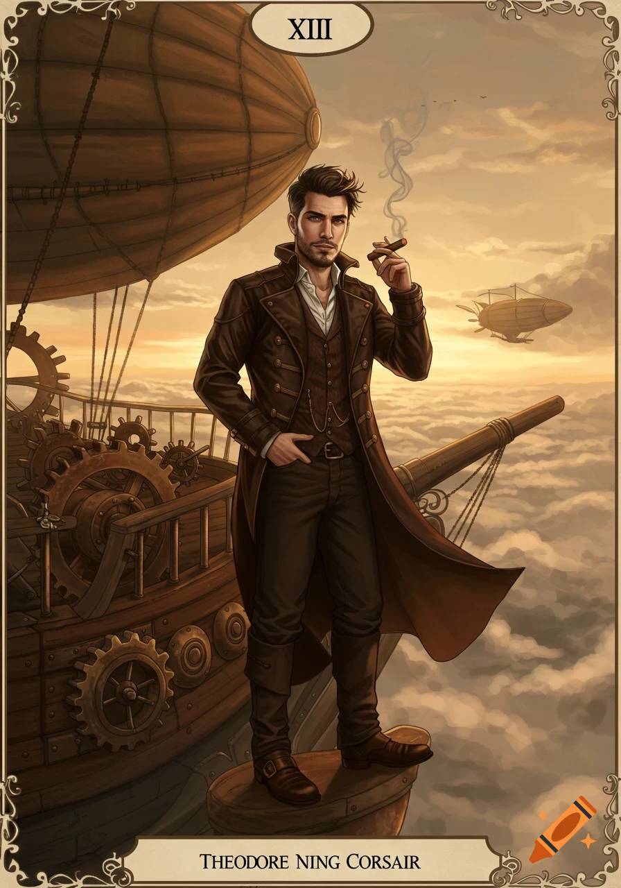 A steampunk man in a brown trench coat stands on the bow of an airship, smoking a cigar, against a cloudy, sunset sky. It resembles a tarot card.