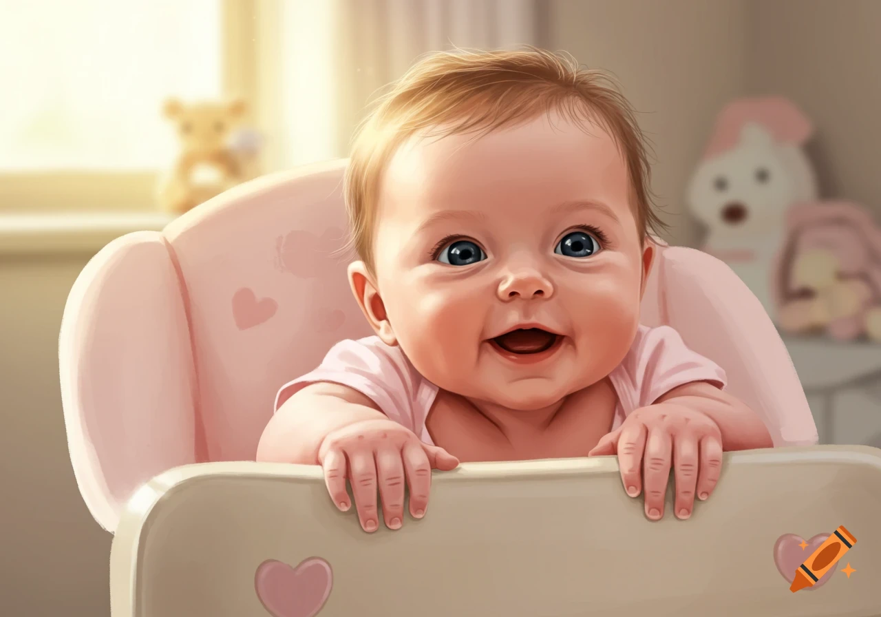 Smiling baby with blue eyes and light brown hair in a pink high chair, an illustration.