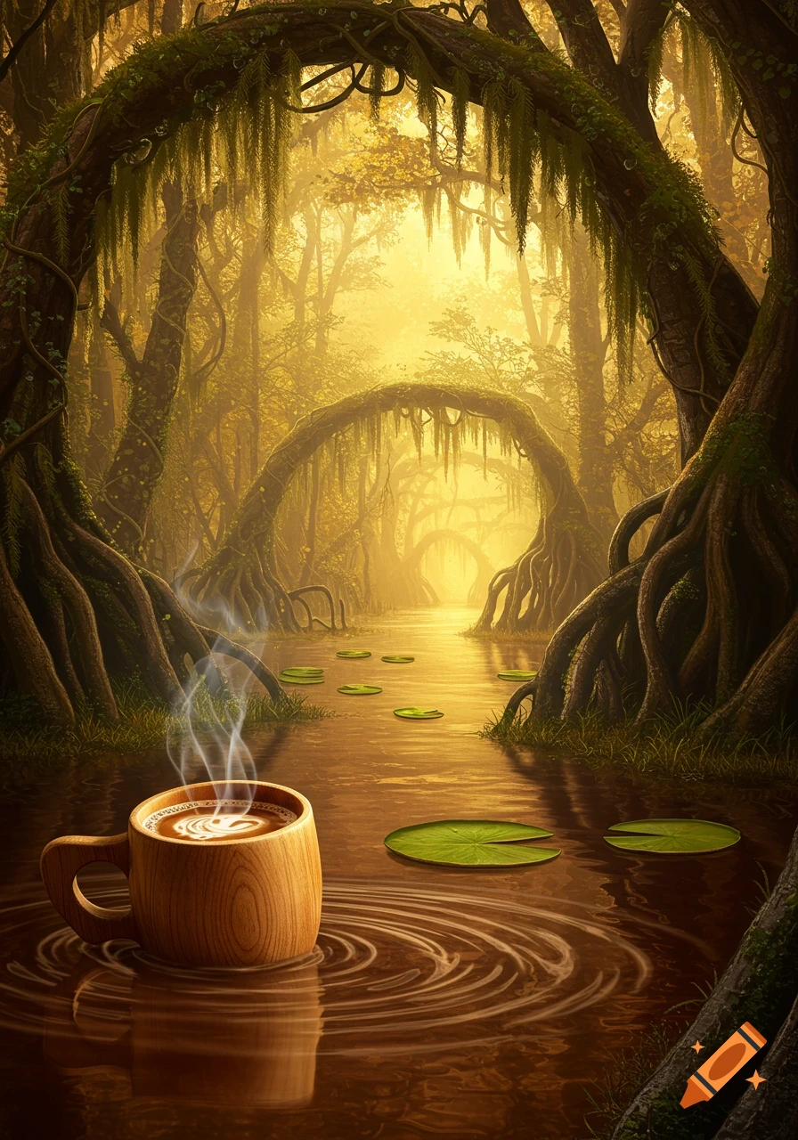 A steaming wooden coffee mug floats in a swamp surrounded by mossy trees, lily pads, and golden light, with an otherworldly atmosphere.