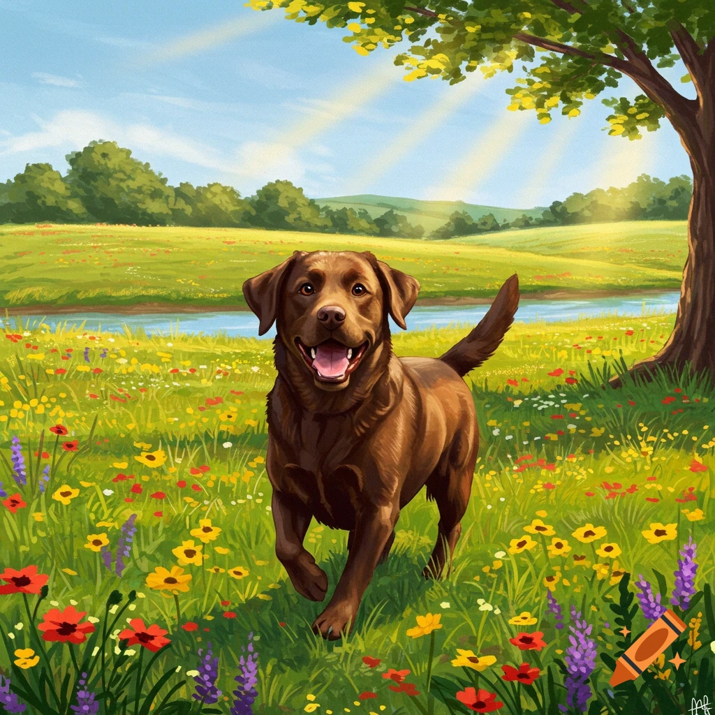 A happy brown Labrador dog runs through a sunlit field of colorful wildflowers with a river and trees in an artistic style.