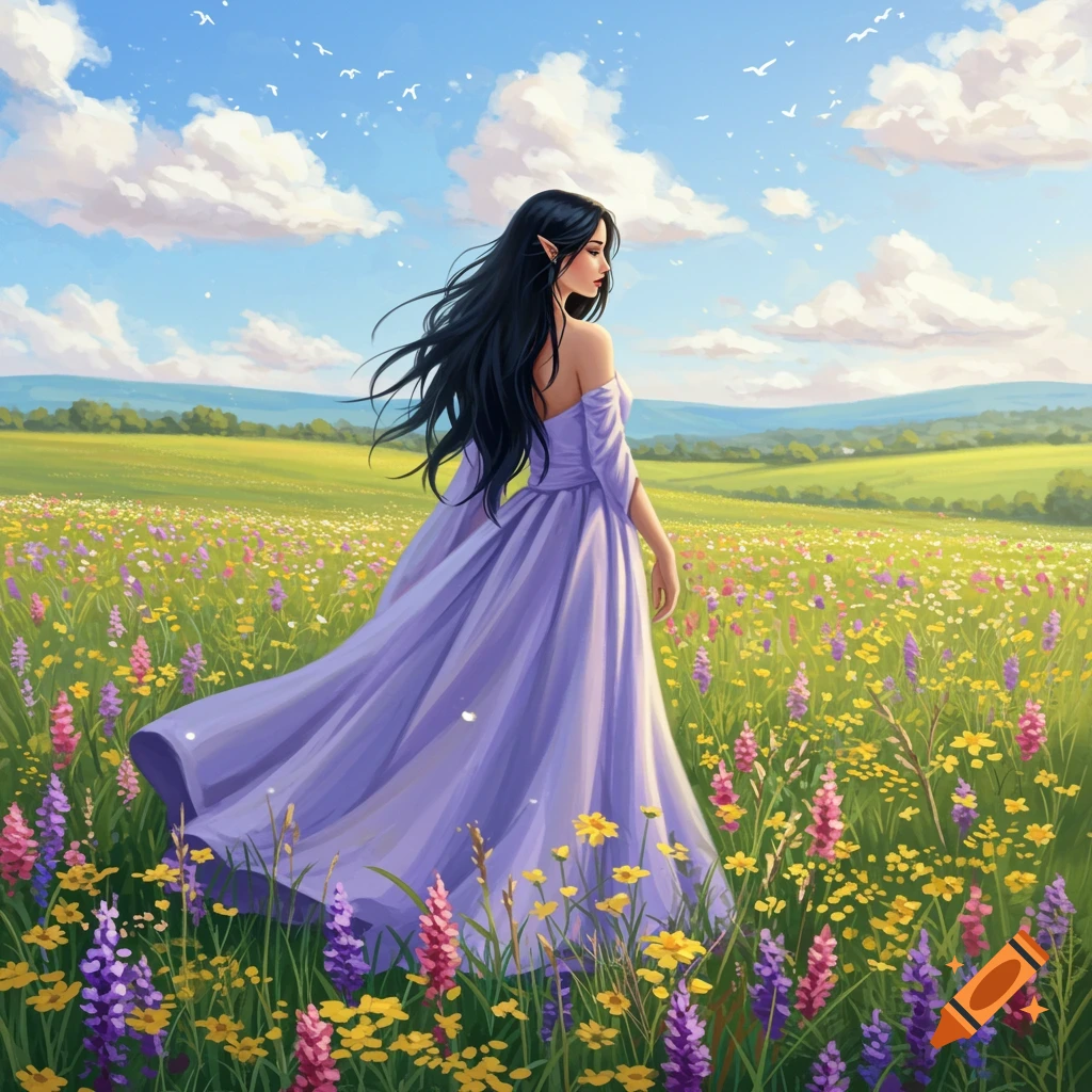 Elf-like woman in lavender gown walks through vibrant wildflower field, looking over shoulder. Illustrated style.