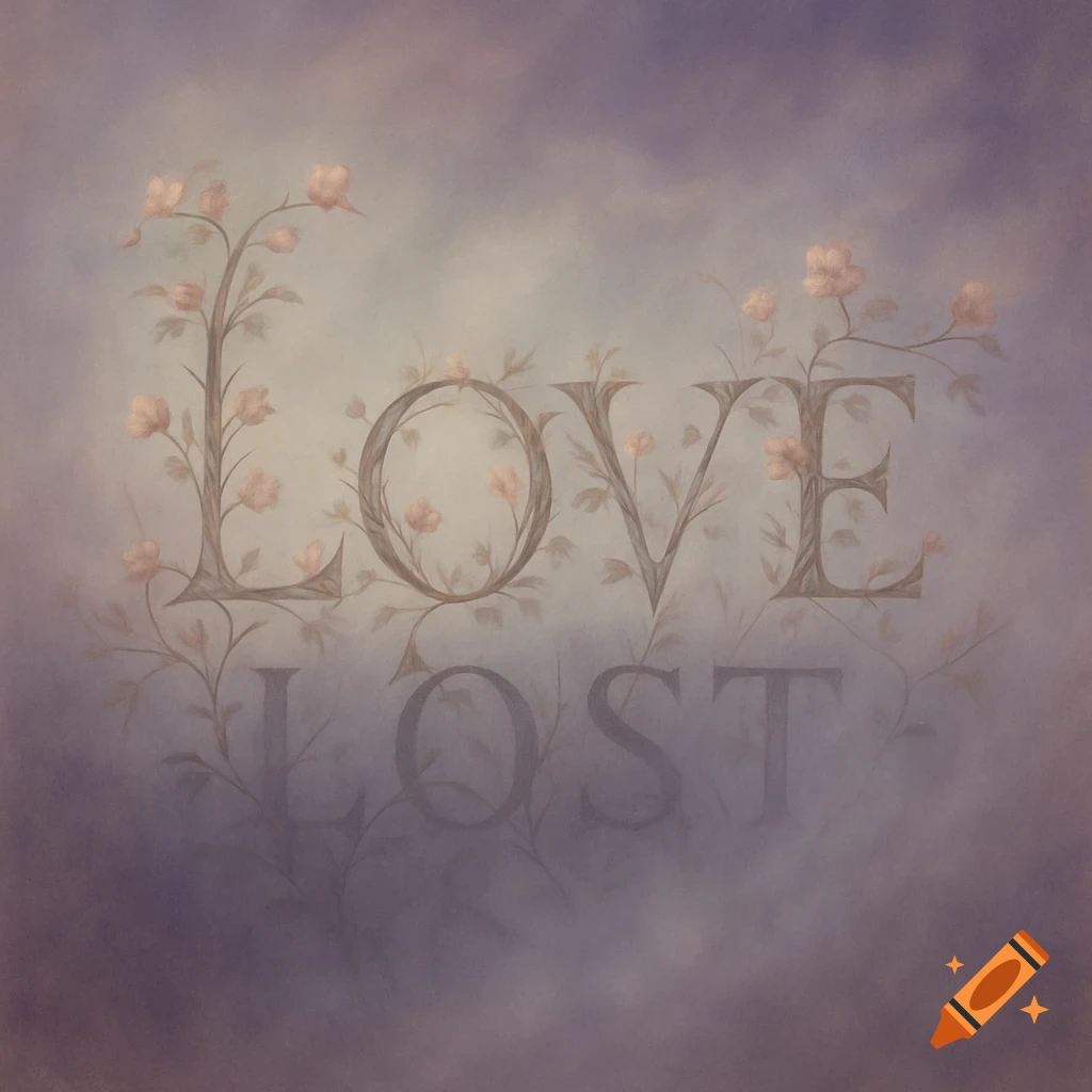 The word LOVE made of floral vines with the word LOST faded below, against a hazy purple background.