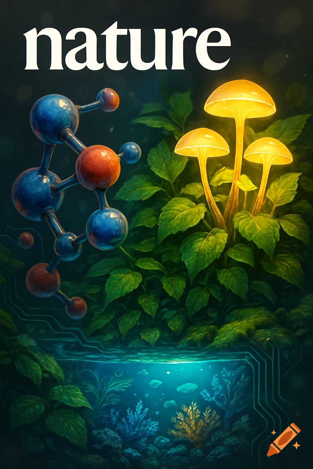 Journal cover with 'nature' text, a molecular structure, glowing mushrooms, lush plants, and an underwater scene with circuit patterns.