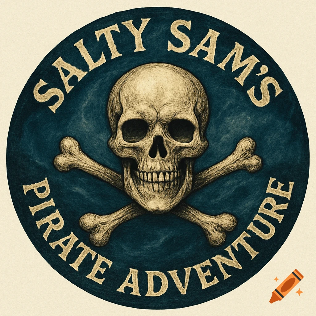 A circular blue emblem with a stylized skull and crossbones and the words 'Salty Sam's Pirate Adventure'.