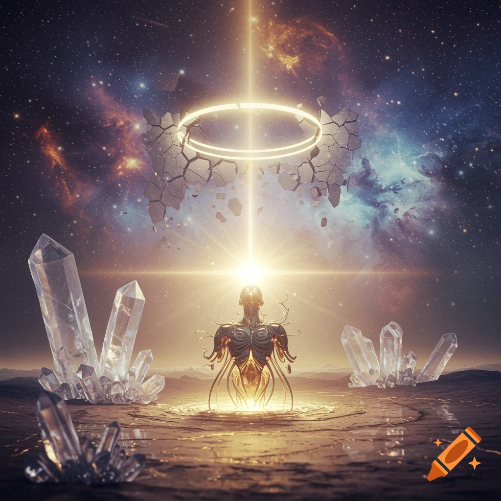 A glowing, stylized humanoid figure on a cracked surface under a light beam from a broken halo in a starry nebula sky, surrounded by crystals.