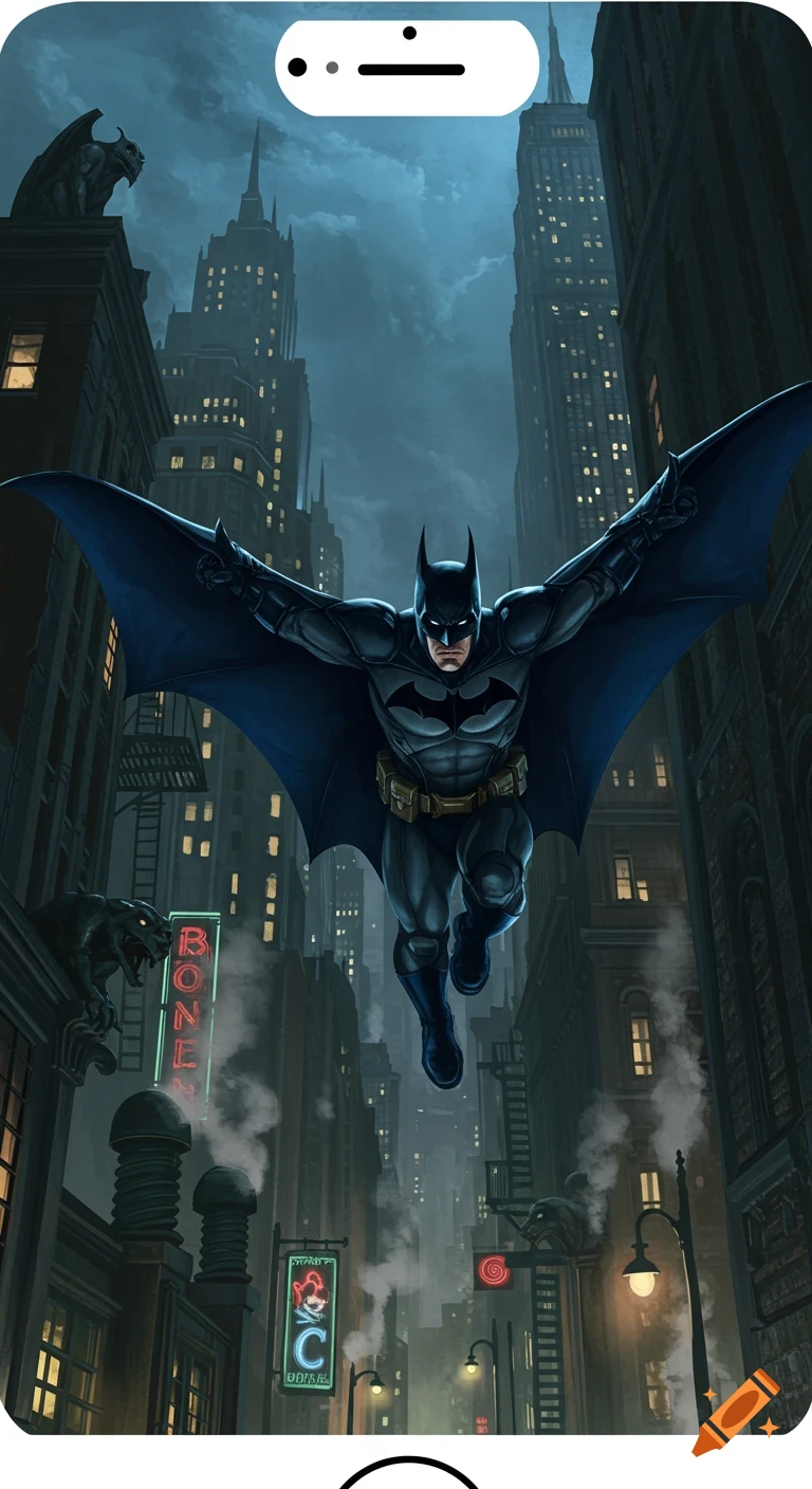 Batman glides through a gritty, gothic Gotham city at night, with towering skyscrapers and neon lights, in a dramatic painterly style.