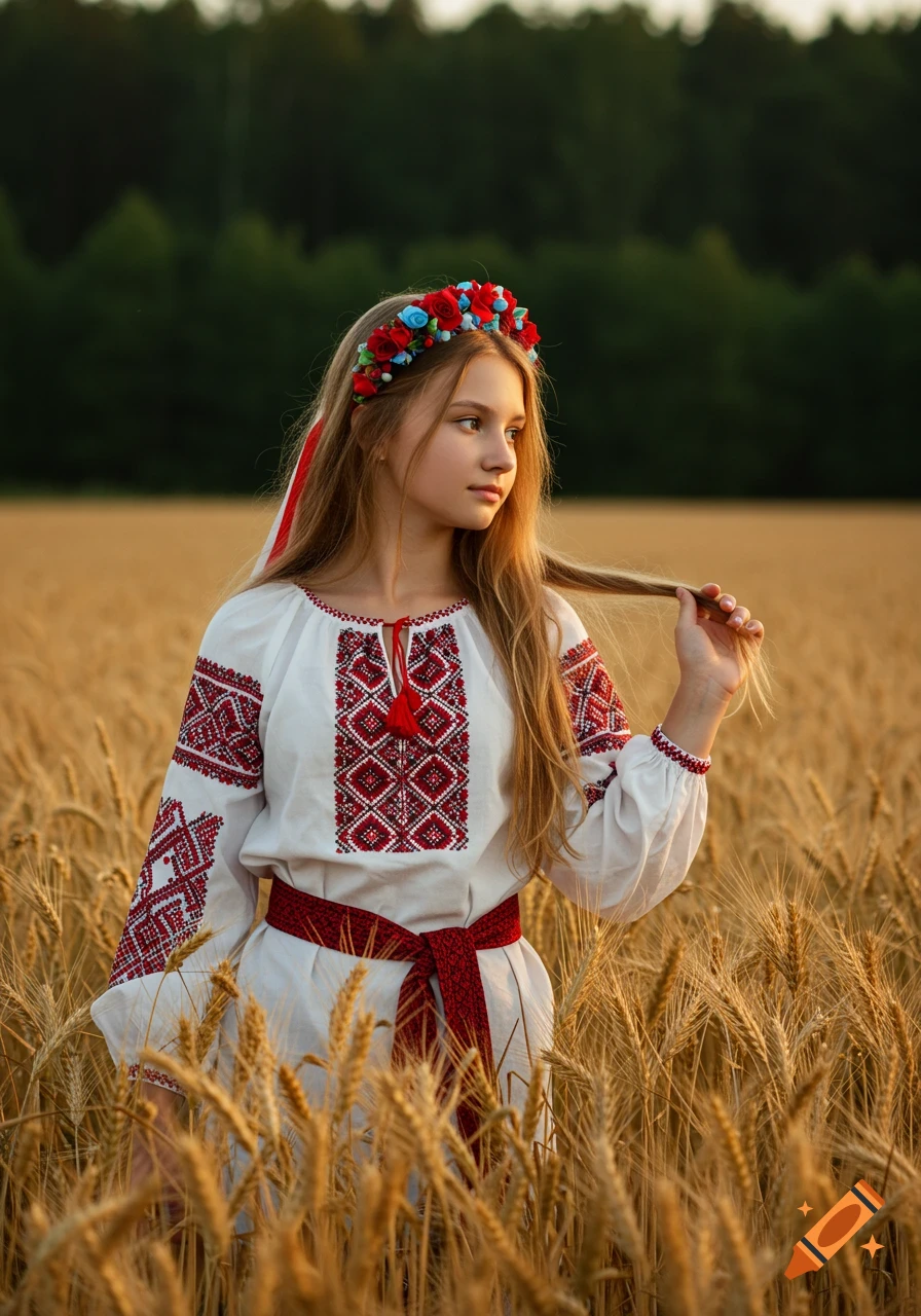 A fair-haired girl in a white embroidered Ukrainian vyshyvanka, red sash, and floral wreath stands in a golden wheat field at sunset.
