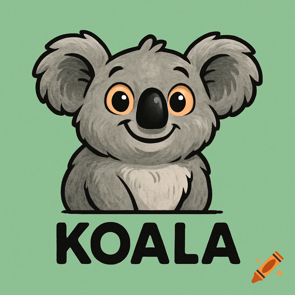 A cute, smiling cartoon koala head with the word KOALA written below it on a light green background.