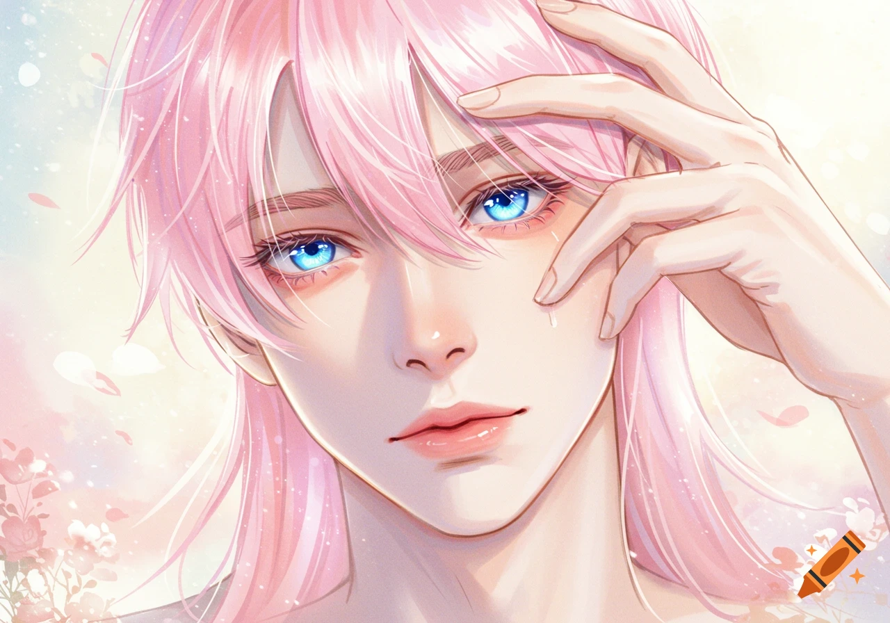 Close-up soft anime portrait of a person with pink hair, bright blue eyes, and a tear droplet on their cheek.