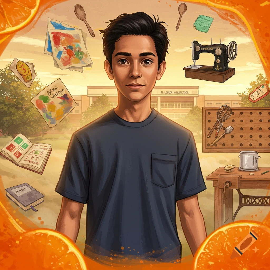 A stylized illustration of a young male student with dark hair and a blue t-shirt, standing in front of a high school. Various hobby-related items like art, books, sewing machine, and cooking tools float around him, framed by oranges.