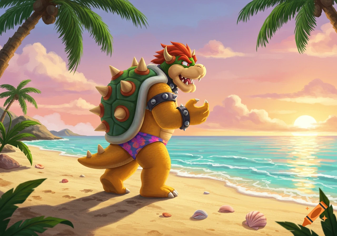 Cartoon illustration of Bowser in a floral bathing suit walking on a sandy beach at sunset, looking back.