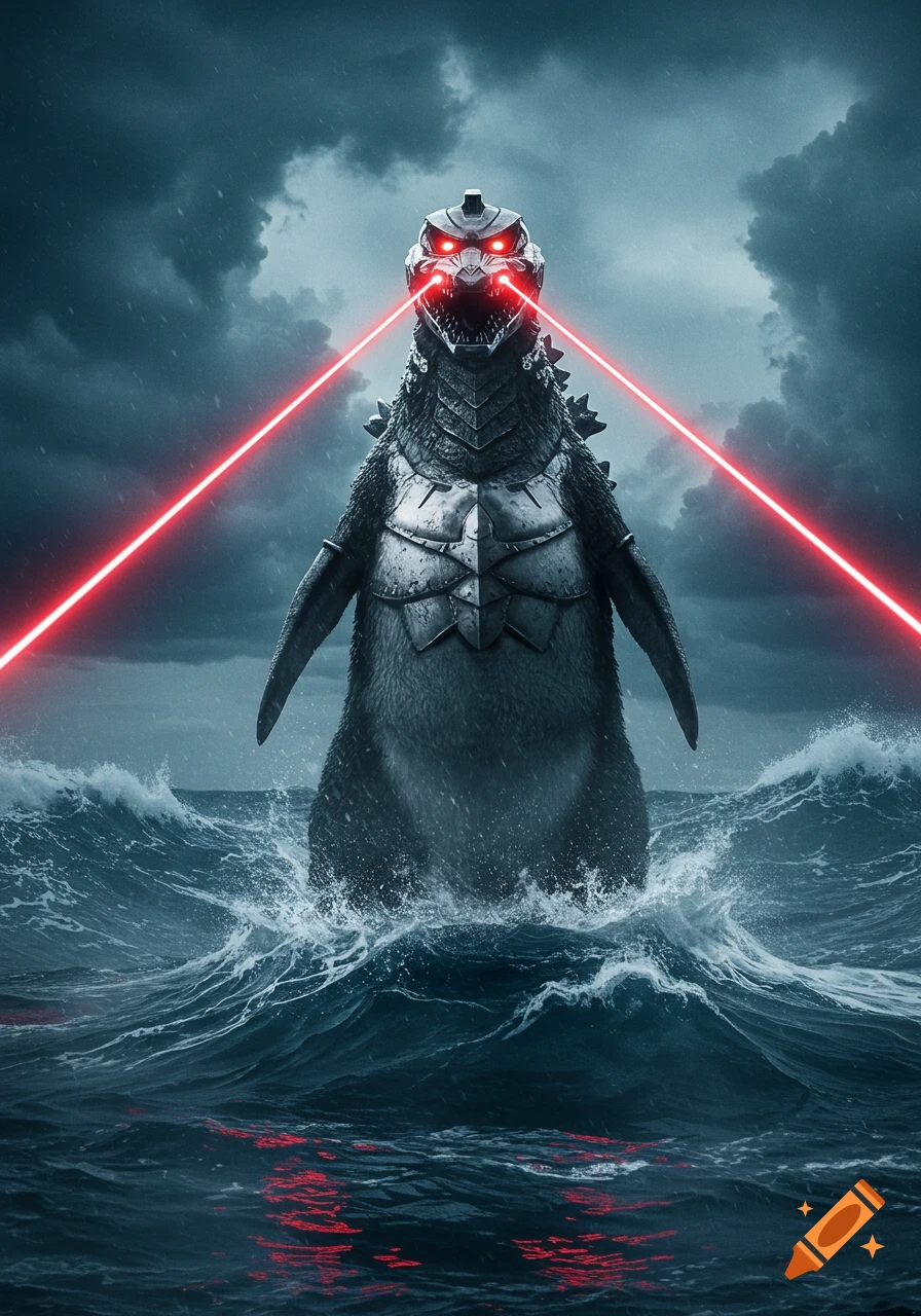 A photorealistic hybrid of a penguin and MechaGodzilla emerges from a stormy sea, shooting red lasers from its eyes.