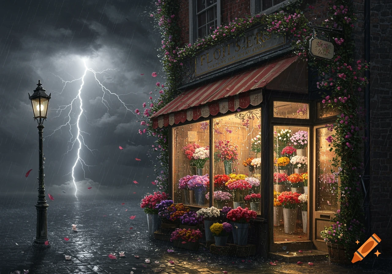 A brightly lit florist shop under a dark, stormy sky with lightning and heavy rain on a wet cobblestone street, next to a glowing lamppost.