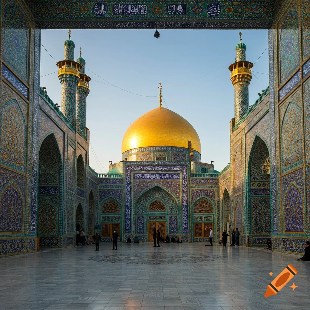 A grand, ornate mosque with a golden dome and two minarets, framed by richly tiled arches, with people in the courtyard.