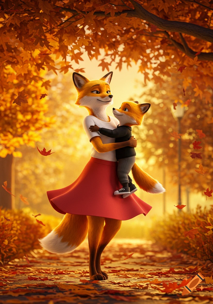 An anthropomorphic mother fox in a white shirt and red skirt holds her son fox in an autumn park with falling orange leaves, animated style.