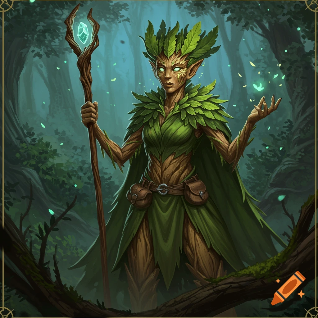 A detailed fantasy illustration of a female leshy character, made of wood and leaves, holding a staff in a mystical forest.