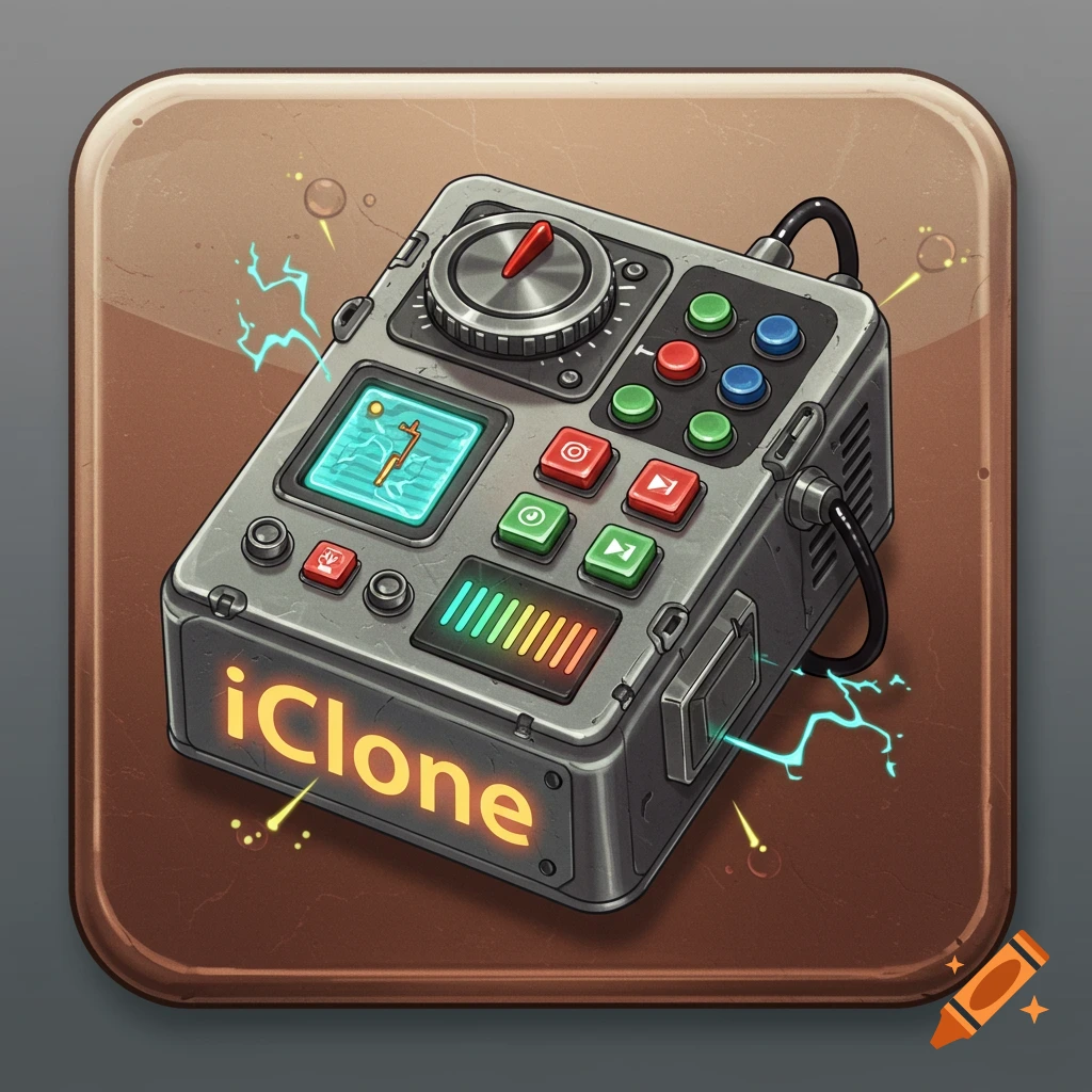 A detailed icon of a gray, futuristic cloning machine with colorful buttons, screens, glowing text 'iClone', and electrical sparks.