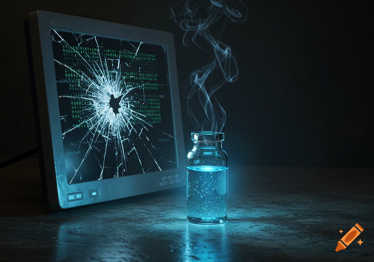 A shattered computer screen with green binary code and a glowing blue vial emitting smoke in a dark room.