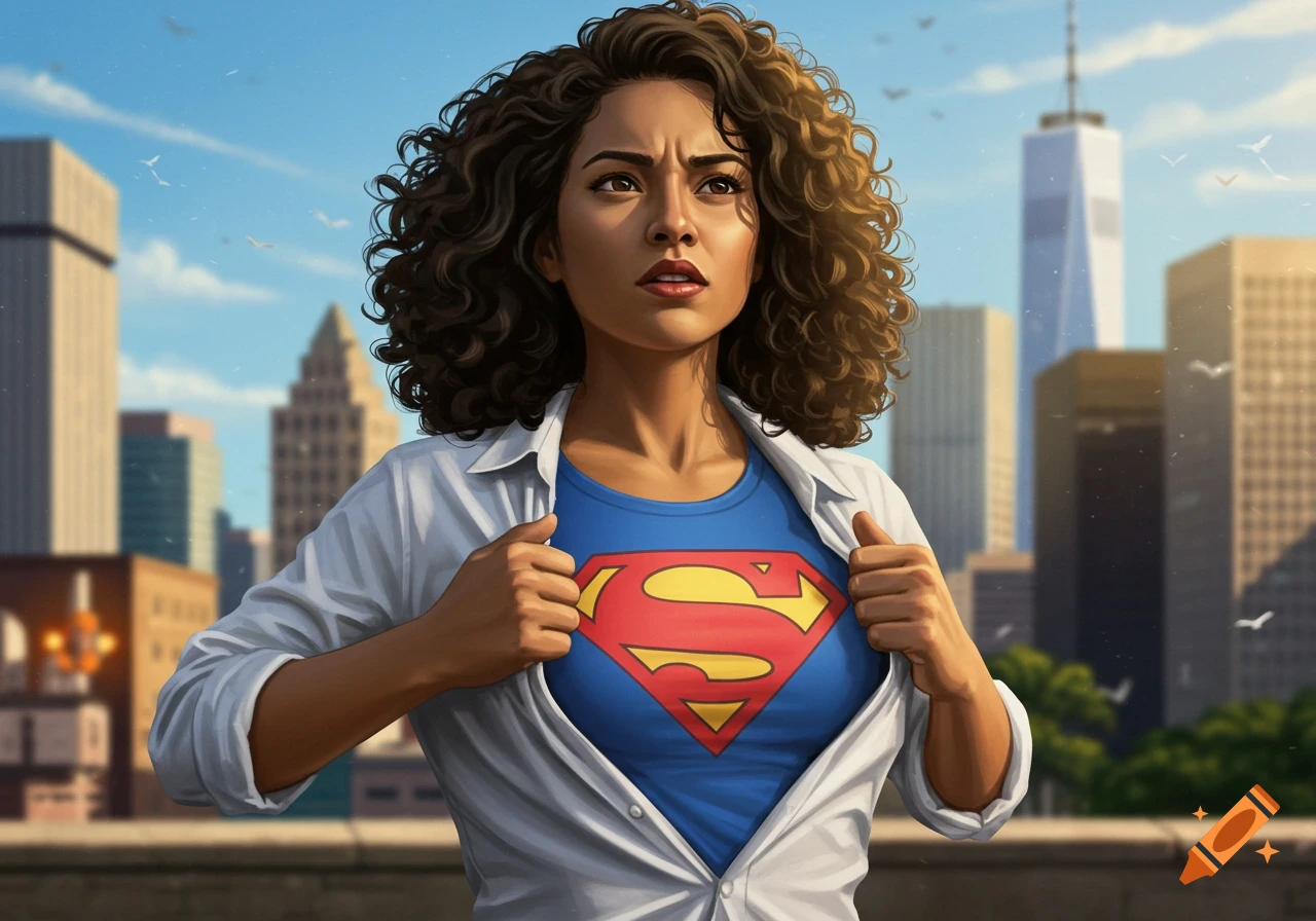 A woman with curly brown hair rips open her white shirt to reveal a blue Superman t-shirt in a city setting.