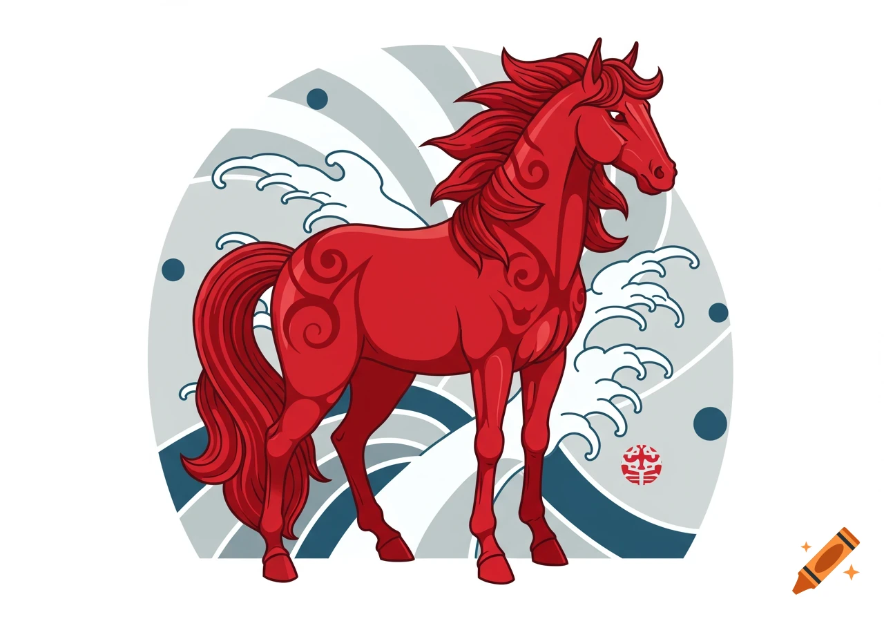 A vibrant red horse depicted in traditional Japanese tattoo style, with stylized waves in the background.