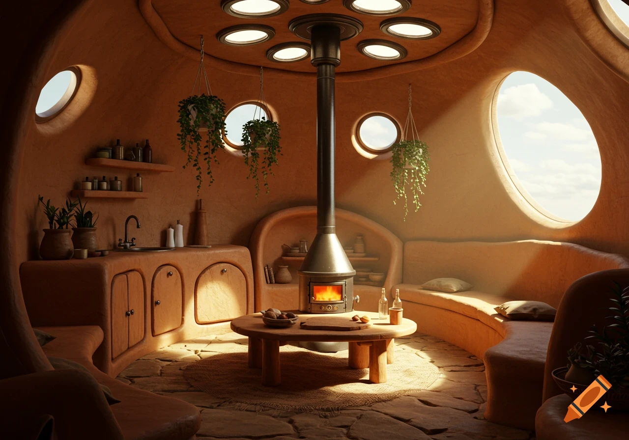 Earthy dome house interior with sunlight, cob furniture, built-in clay cabinets, hanging plants, stone floors, and a fireplace.