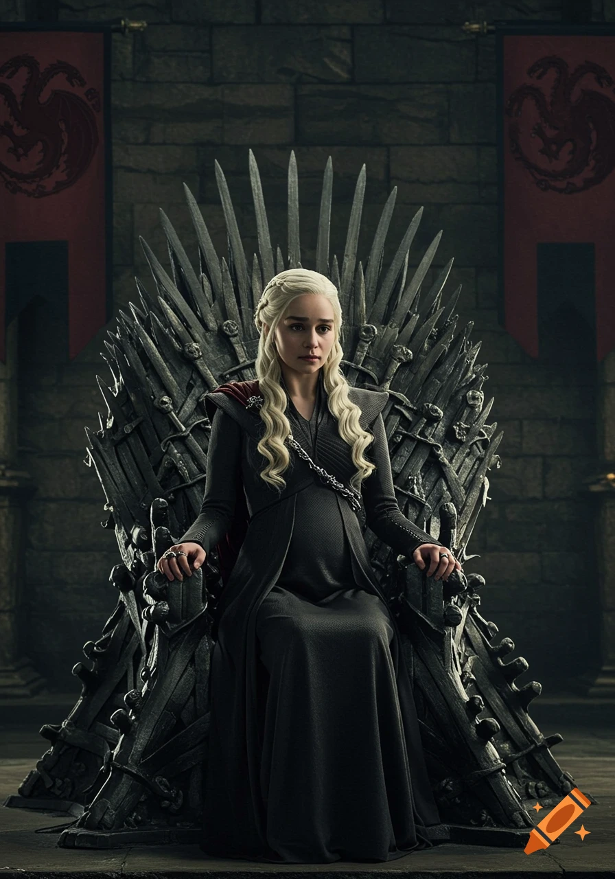 Daenerys Targaryen, pregnant, sits on the Iron Throne with House Targaryen banners behind her in a photorealistic style.