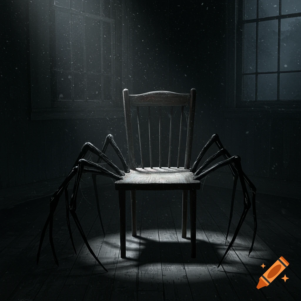 A creepy wooden chair with long, black spider legs sits in a dark, dusty room illuminated by a beam of light from a window.