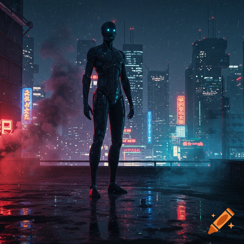 A dark android with glowing blue eyes stands on a wet rooftop overlooking a cyberpunk city at night, illuminated by red and blue neon lights.