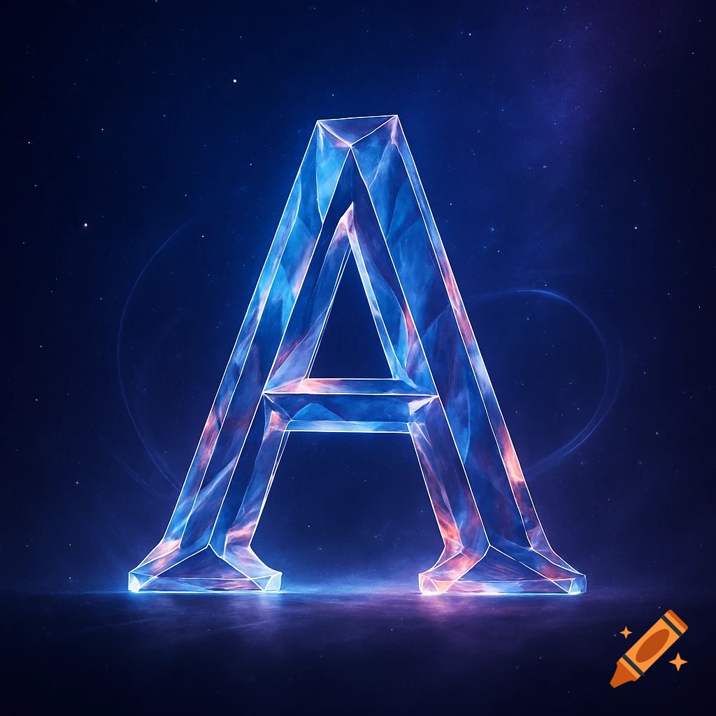 A large, glowing crystal letter A against a dark blue cosmic background with stars and light trails.