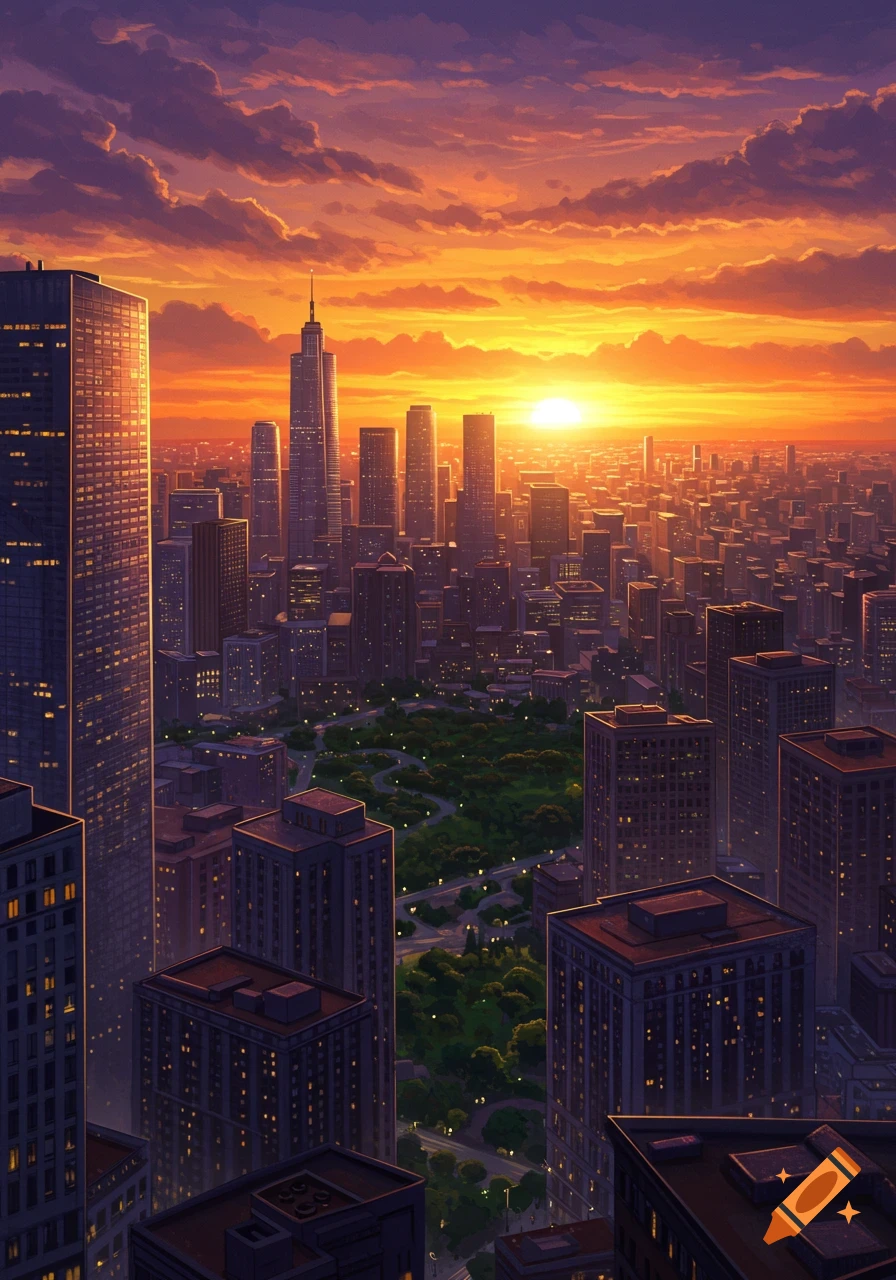 A vibrant cityscape at sunset, with tall buildings silhouetted against an orange and purple sky and a green park visible below.