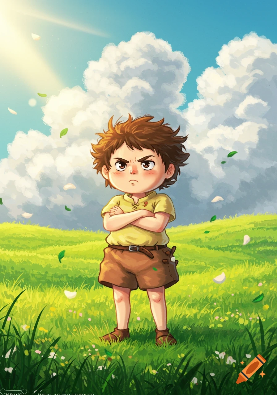 A small cartoon boy with messy brown hair and an annoyed expression stands in a vibrant green field under a sunny blue sky with large white clouds. White petals and green leaves float around him.