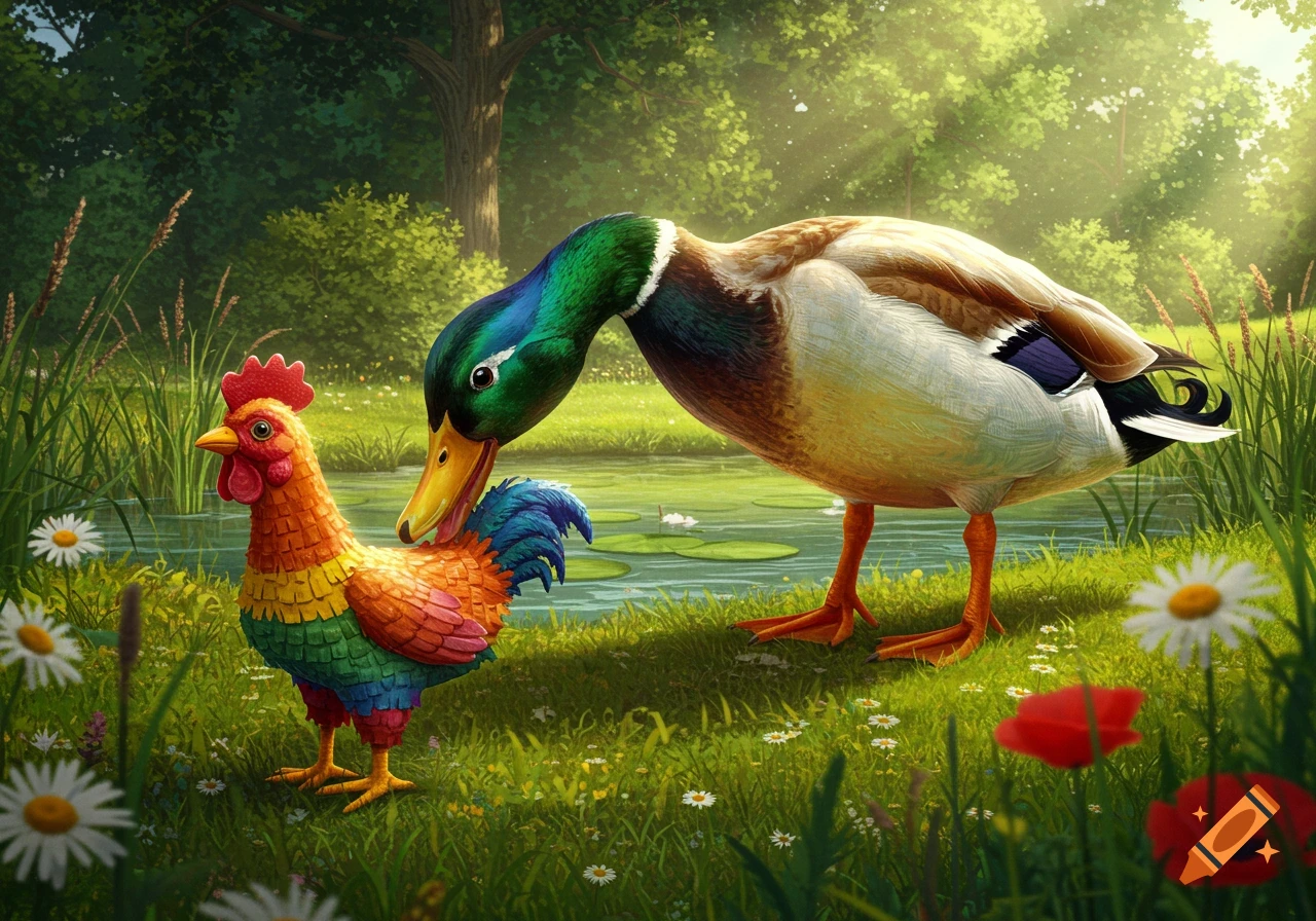 A mallard duck leans its head towards a colorful, rainbow-feathered rooster in a sunny, grassy field next to a pond.