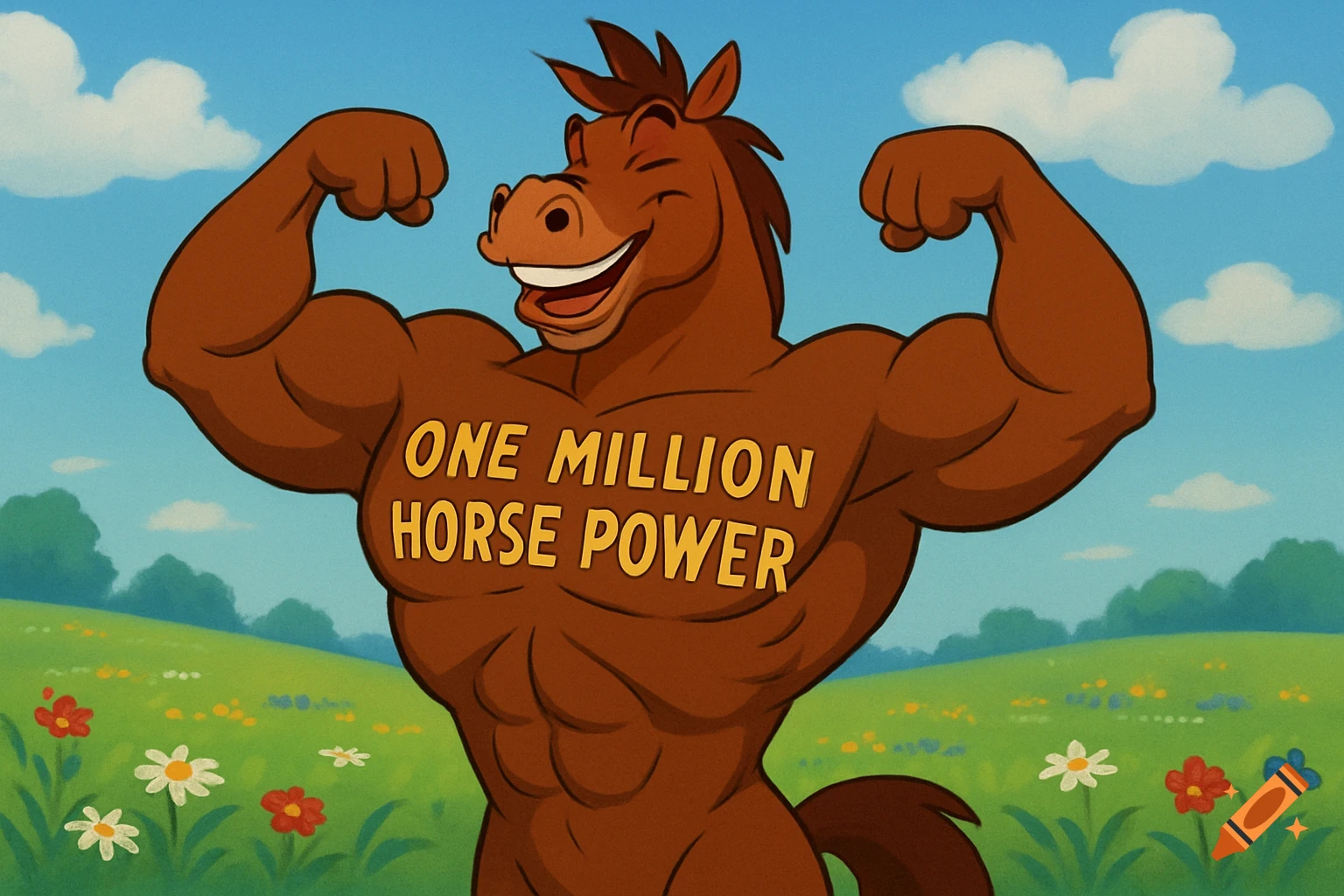 A muscular, anthropomorphic cartoon horse with a wide smile flexes his biceps in a green field under a blue sky, with 'ONE MILLION HORSE POWER' written on his chest.