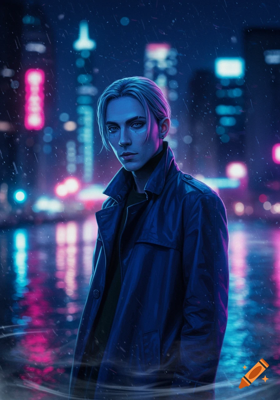 A person in a trench coat stands in a rainy, neon-lit cyberpunk city at night.