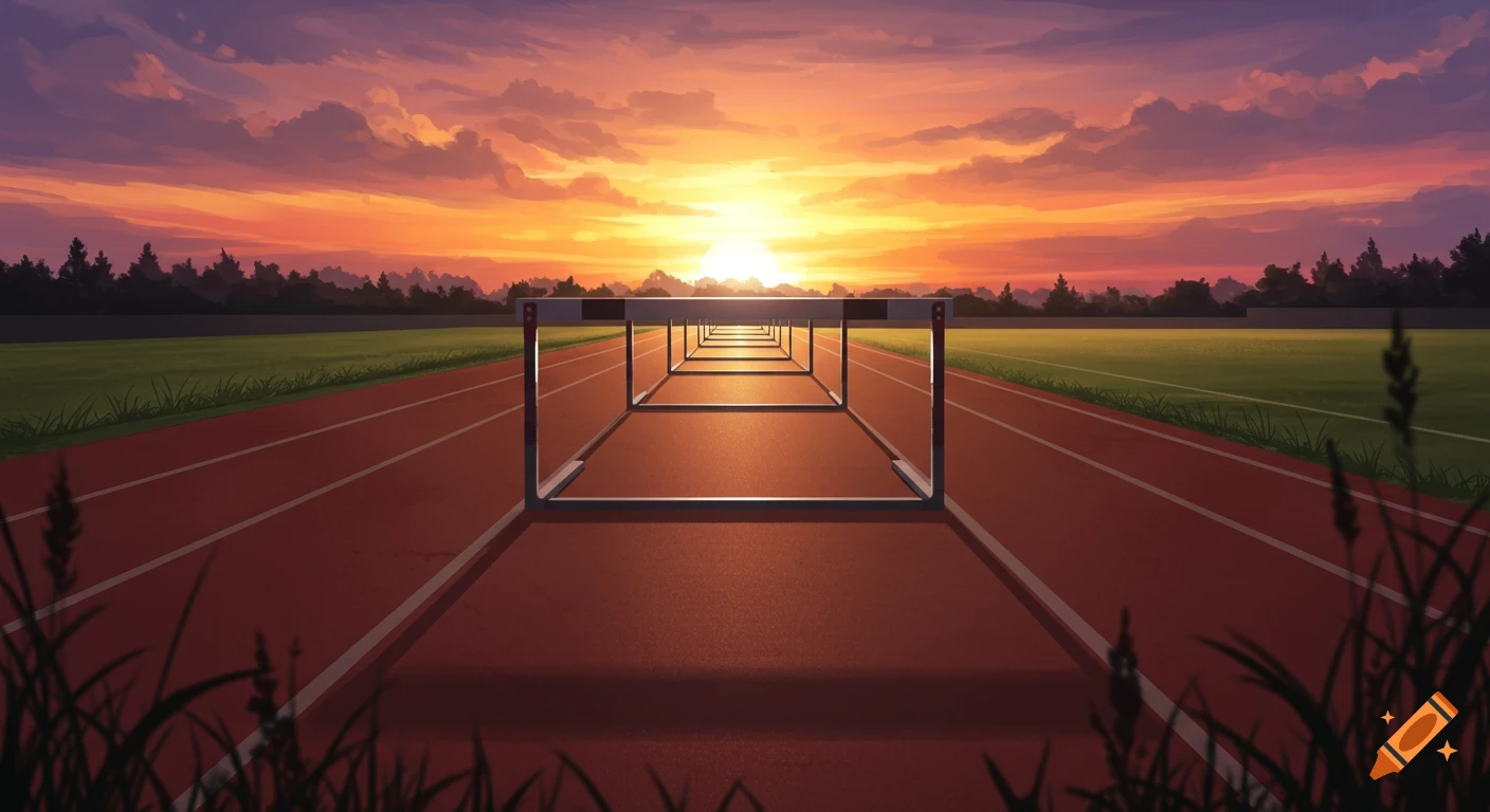 An athletics track with hurdles stretching into the distance towards a vibrant sunset.