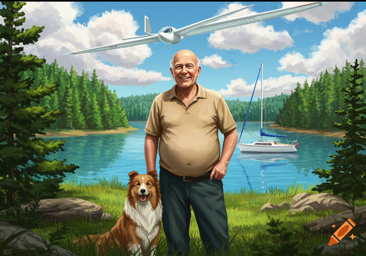 A smiling bald man with a dog by a lake, a sailboat in the water, and a glider in the sky. Lush green forest surrounds the lake.