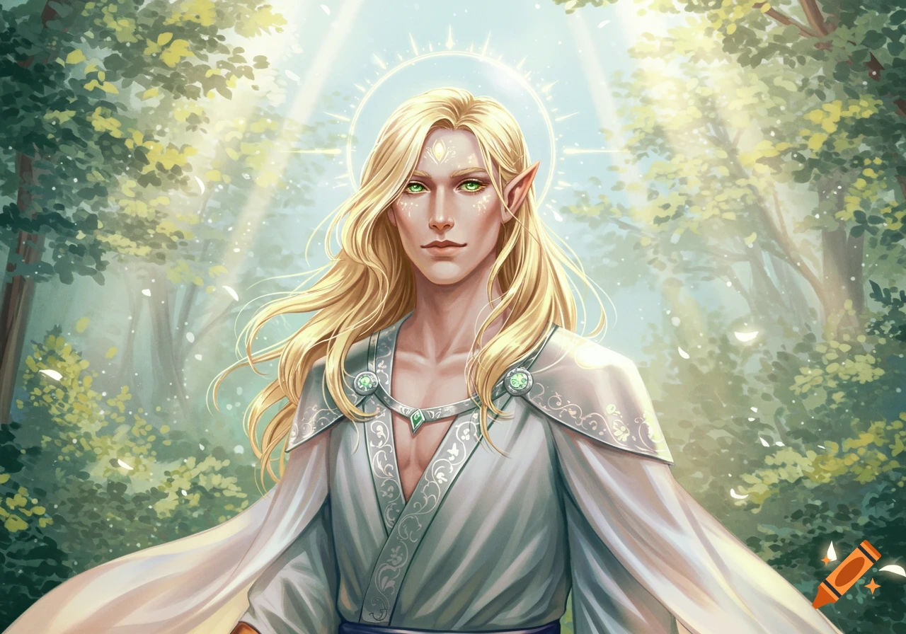 Digital painting of a handsome male Aasimar with long blonde hair and green eyes, in a white robe, standing in a sunlit forest.