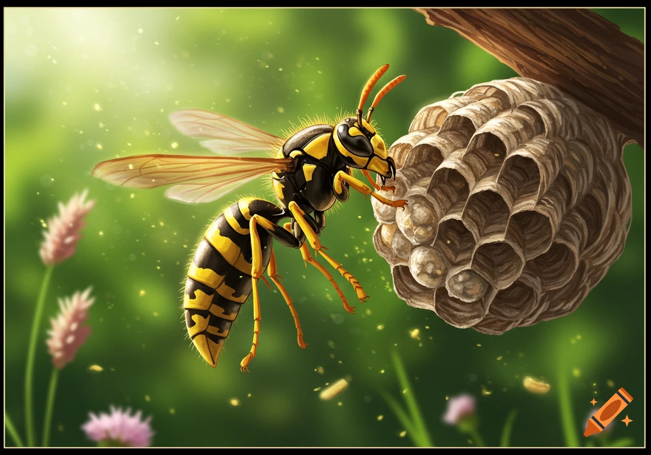 A yellow and black wasp clings to a honeycomb nest on a branch, illuminated by sunlight against a blurred green background.