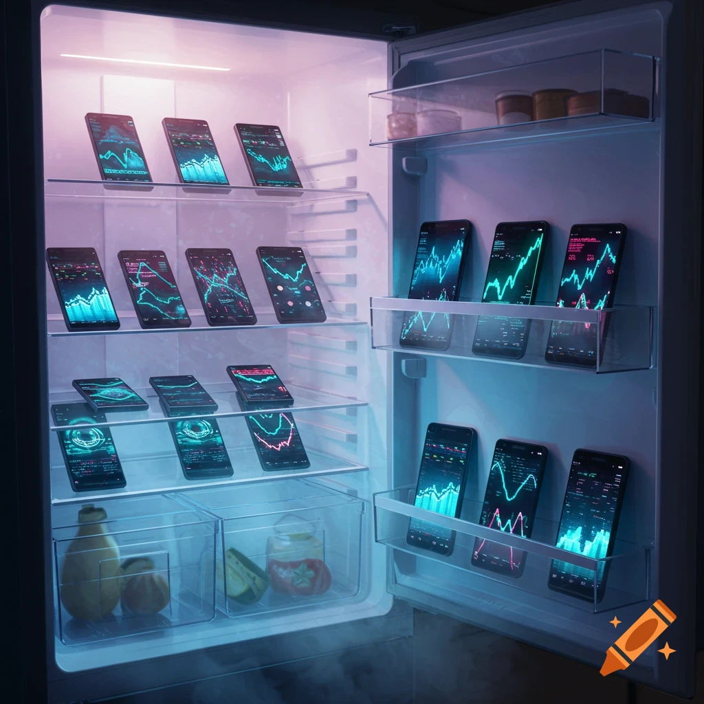 A brightly lit refrigerator filled with multiple smartphones displaying glowing cryptocurrency graphs.