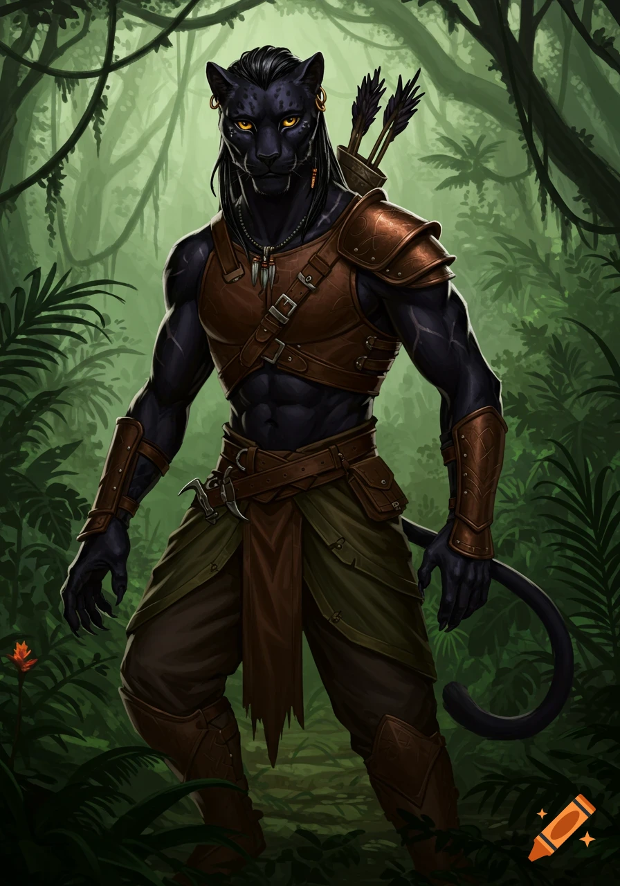 A muscular anthropomorphic black panther ranger with golden eyes, wearing leather armor and carrying arrows, stands in a detailed jungle.