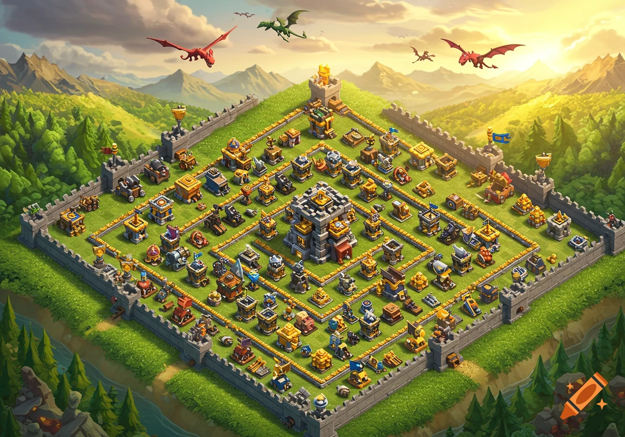 An aerial view of a vibrant fantasy strategy game base with many buildings, surrounded by a stone wall on a lush green landscape, with mountains and dragons flying under a sunset sky.