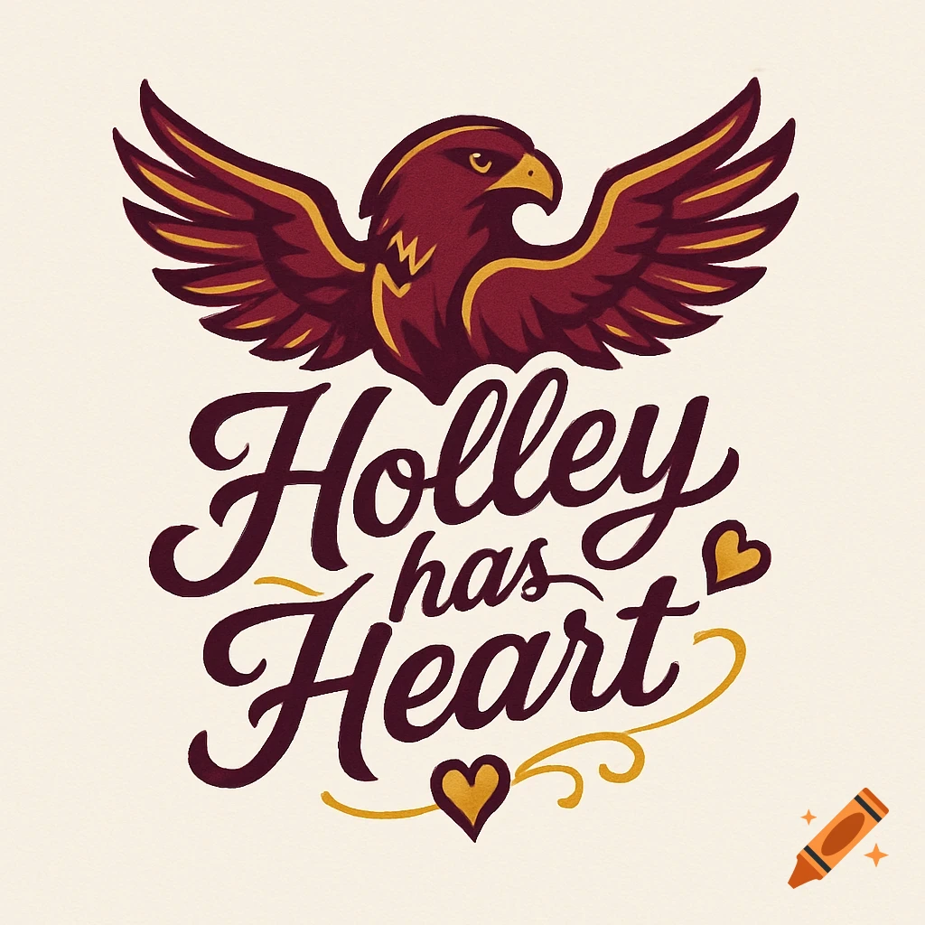 Illustrated logo featuring a stylized maroon and gold hawk mascot above the text 'Holley has Heart' with small hearts.