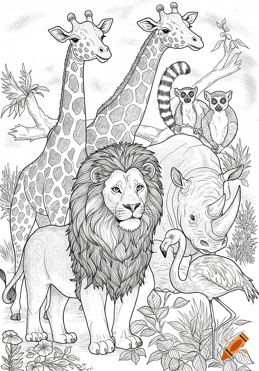 Black and white line art illustration of various safari animals including giraffes, a lion, a rhinoceros, lemurs, and a flamingo.