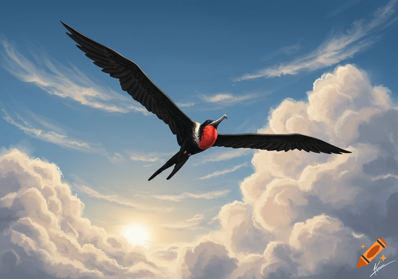 A black frigatebird with a red gular sac flies across a blue sky with white clouds and a bright sun.