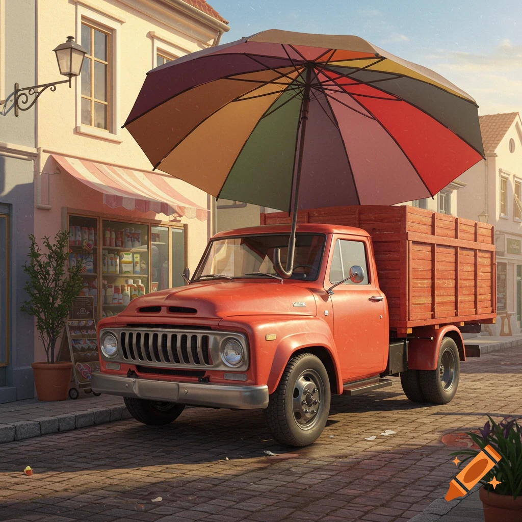 A red vintage truck with a large colorful umbrella on its front is parked on a cobblestone street in front of a shop.