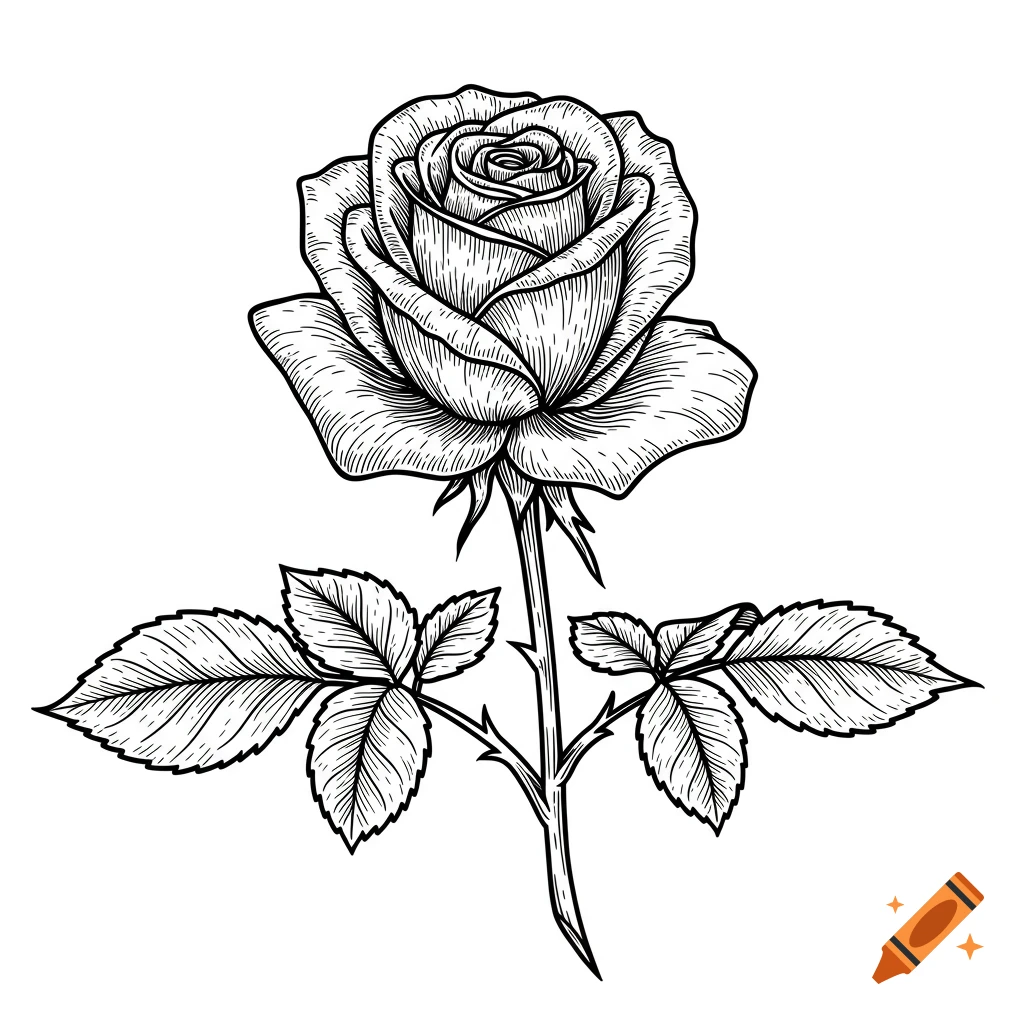 Black and white line art illustration of a single rose with a stem and leaves.