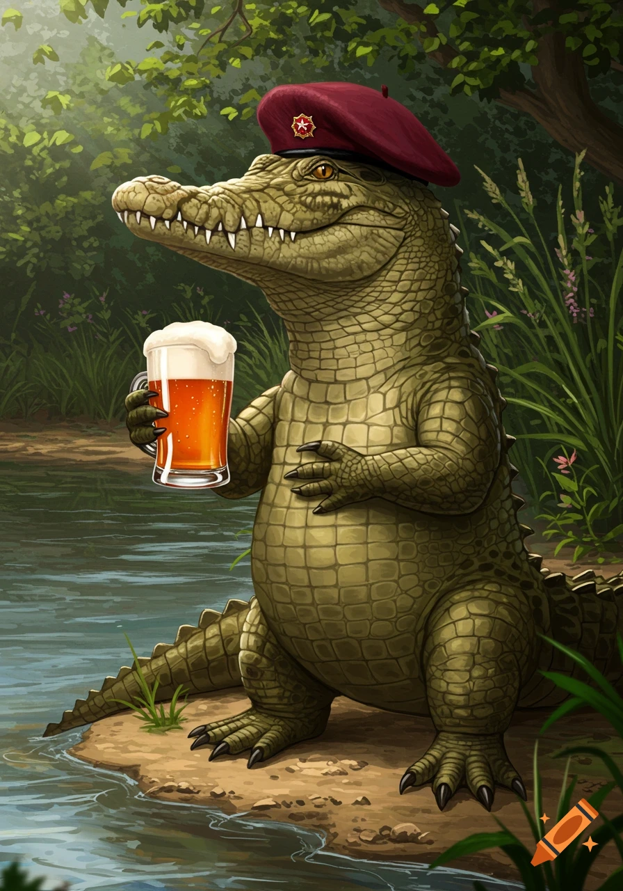 An illustrated anthropomorphic crocodile in a maroon beret holds a beer by a river in a lush forest.
