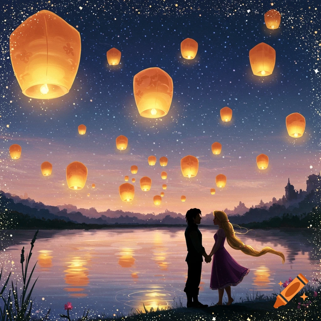 Illustration of two figures, resembling Rapunzel and Flynn, holding hands by a lake under a starry sky filled with glowing lanterns.