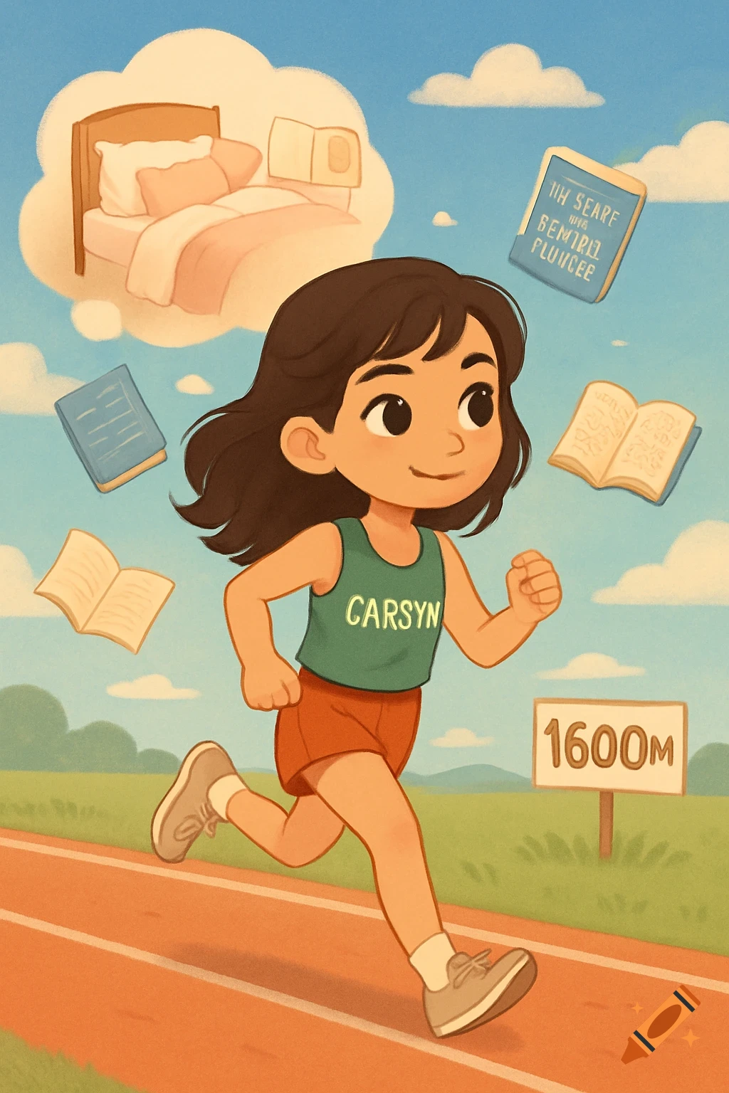 A cartoon girl with dark hair runs on a track, wearing a green tank top with "CARSYN" and red shorts. A sign reads "1600M". Floating around her are books and a thought bubble showing a pink and white bed with pillows.