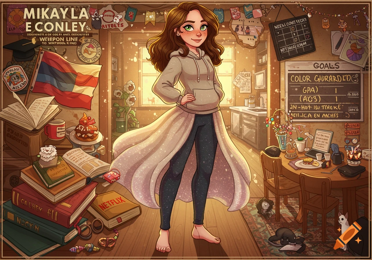 A cartoon character with brown hair and green eyes, wearing a grey hoodie, black leggings, and a flowing white skirt, standing in a whimsical room filled with books, cats, and personal items.